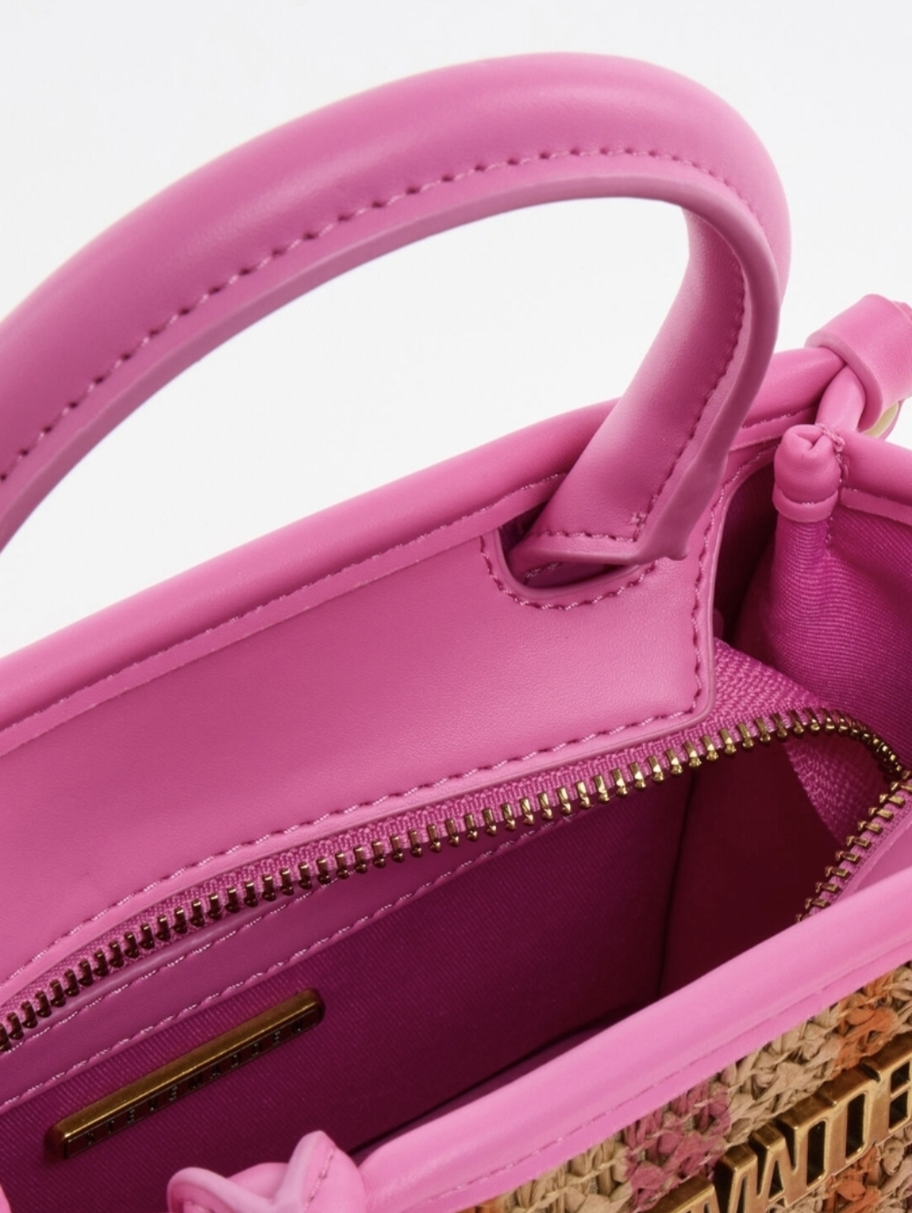Steve Madden Pink Straw Top-Handle Bag with Floral Accent - Picture 4 of 5